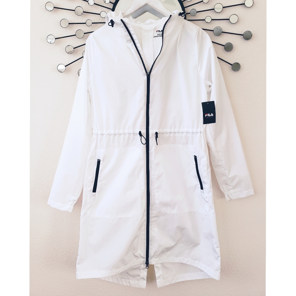Fila White Hooded Long Windbreaker with Black Trim